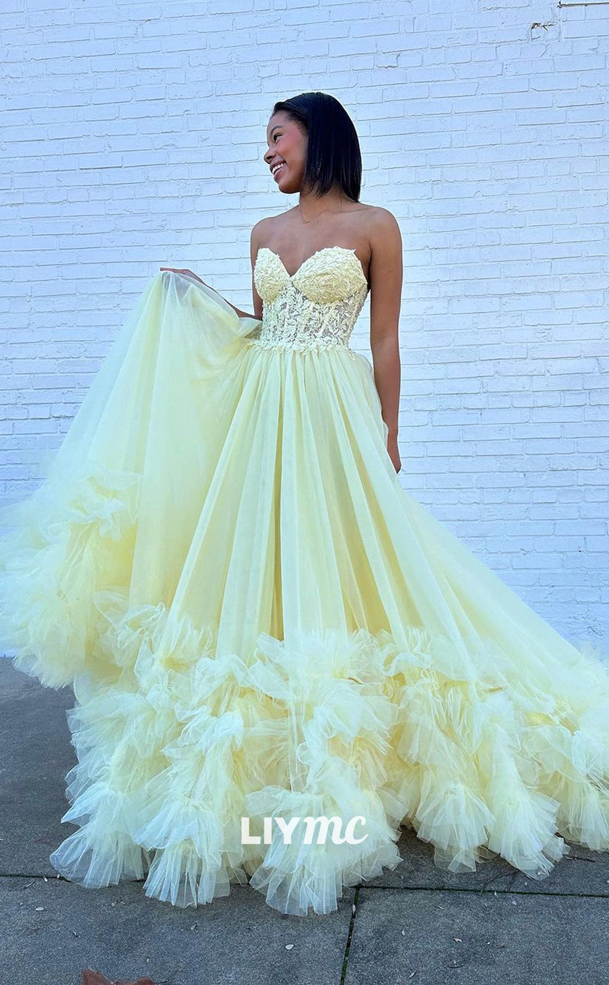 LP1151 - A Line Sweetheart Lace Appliques Tulle Ruffles Long Prom Party Dress