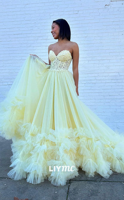 LP1151 - A Line Sweetheart Lace Appliques Tulle Ruffles Long Prom Party Dress