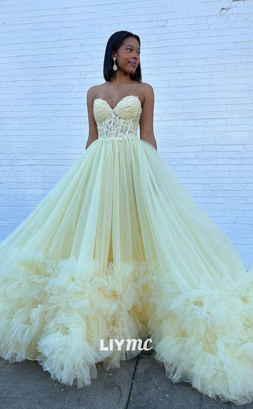 LP1151 - A Line Sweetheart Lace Appliques Tulle Ruffles Long Prom Party Dress