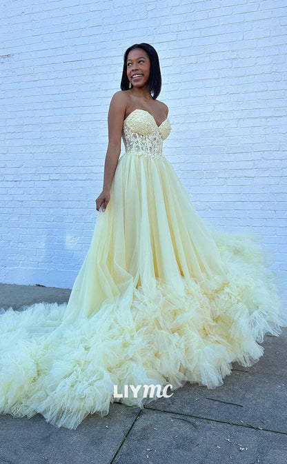 LP1151 - A Line Sweetheart Lace Appliques Tulle Ruffles Long Prom Party Dress