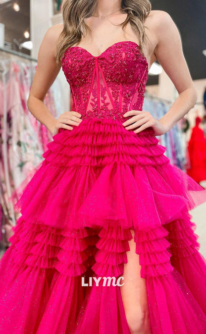 LP1195 - A Line Sweetheart Lace Appliques Tulle Tiered Long Formal Prom Dress with Slit