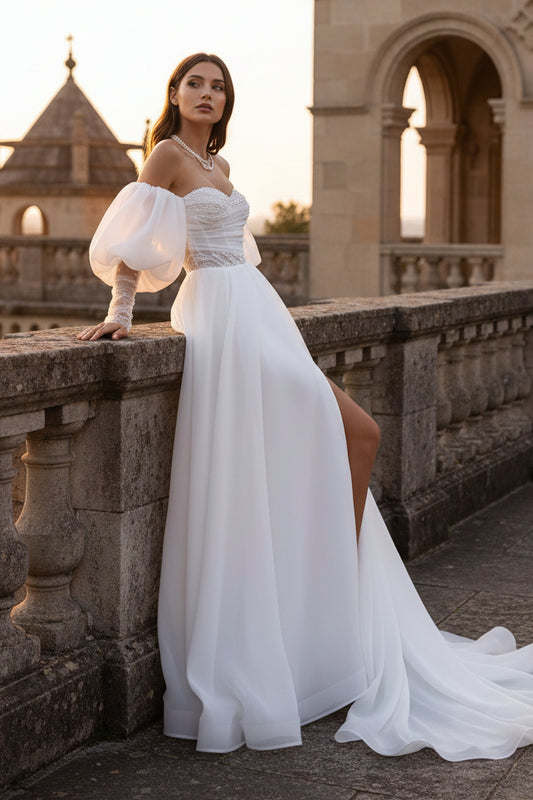 LW019 - A Line Sweetheart Beads Long Sleeves Boho Wedding Dress with Slit