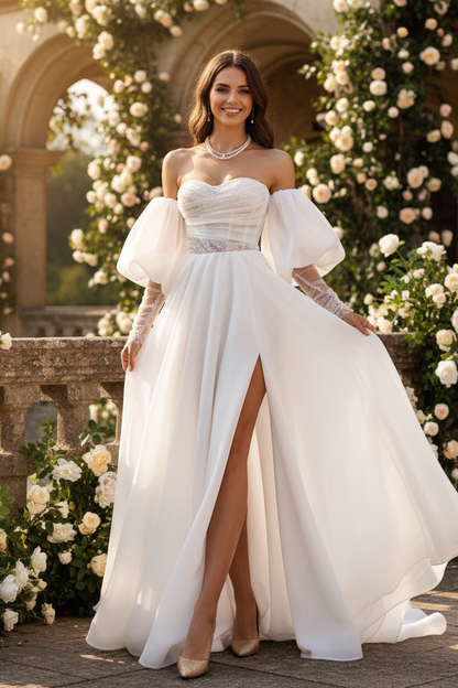 LW019 - A Line Sweetheart Beads Long Sleeves Boho Wedding Dress with Slit