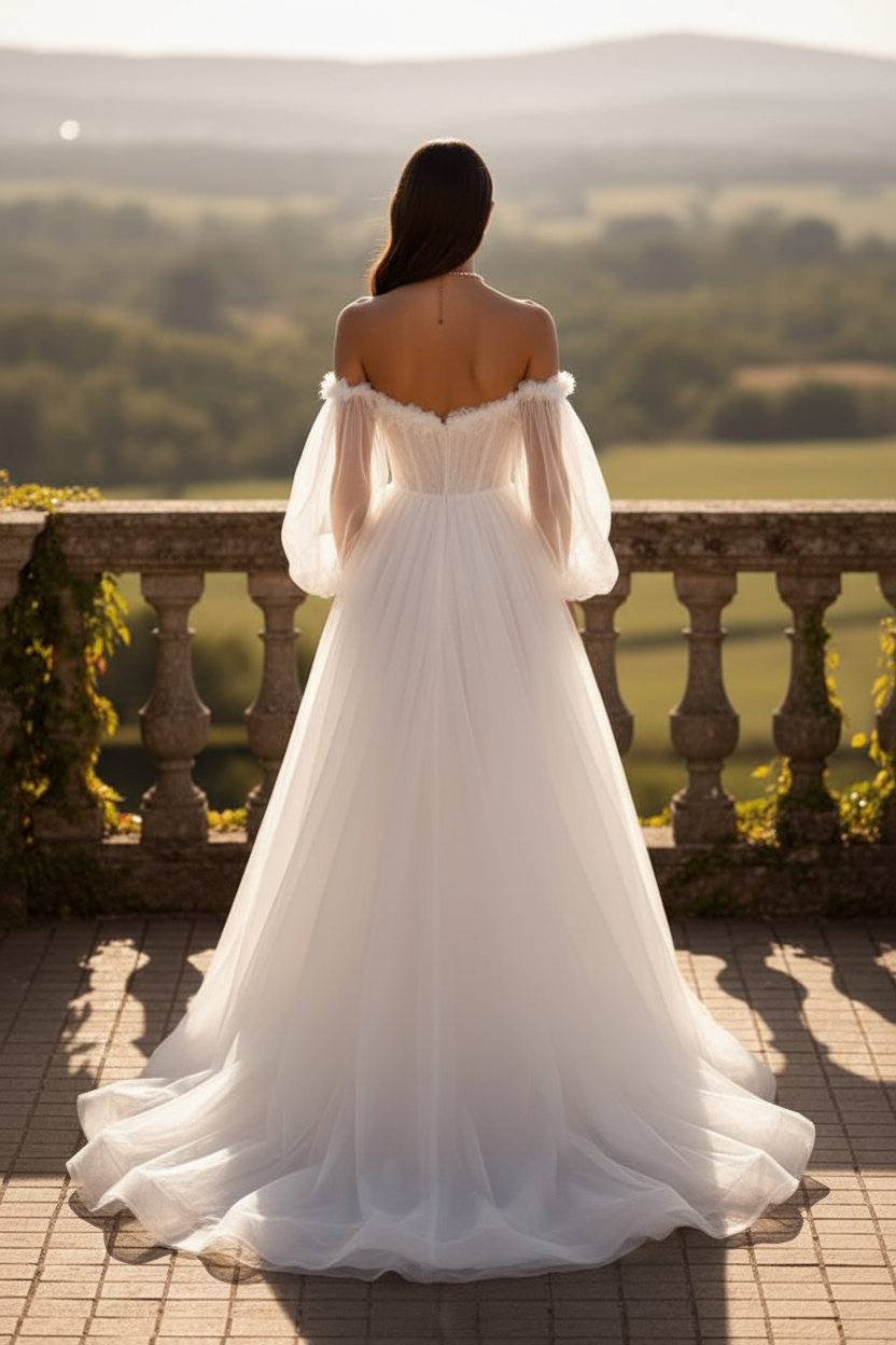LW017 - A Line Sweetheart 3D Appliques Long Sleeves Boho Wedding Dress with Slit