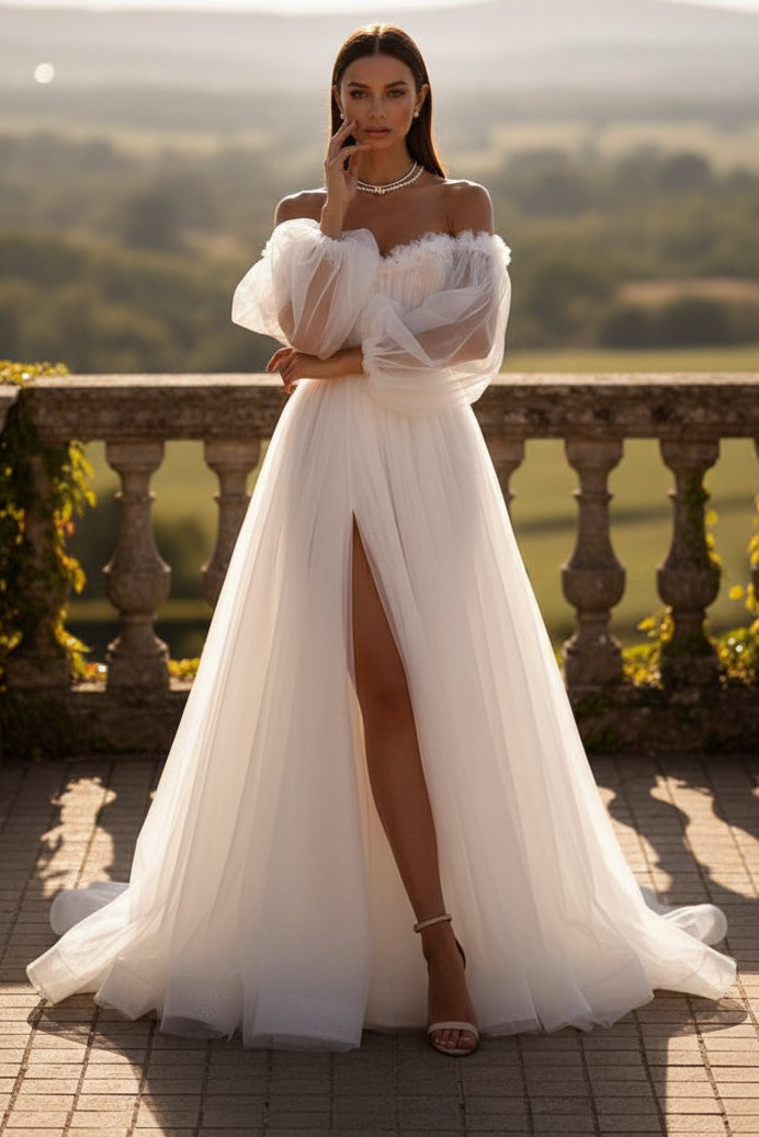 LW017 - A Line Sweetheart 3D Appliques Long Sleeves Boho Wedding Dress with Slit