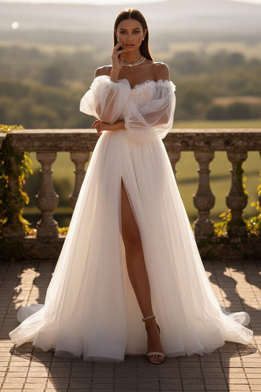 LW017 - A Line Sweetheart 3D Appliques Long Sleeves Boho Wedding Dress with Slit
