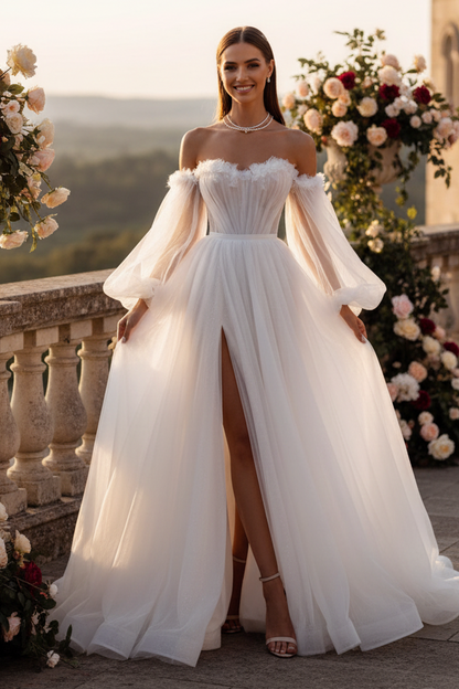 LW017 - A Line Sweetheart 3D Appliques Long Sleeves Boho Wedding Dress with Slit