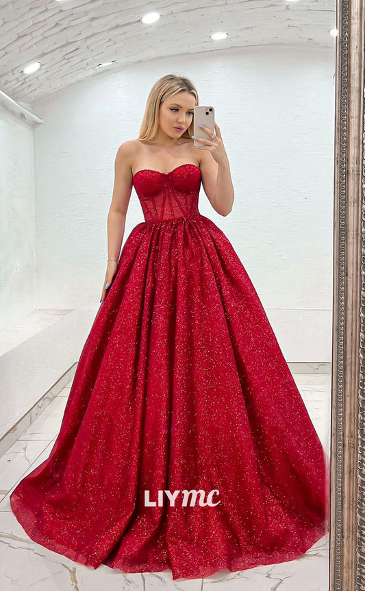 LP1092 - A Line Sweetheart Red Sparkly Formal Prom Dress