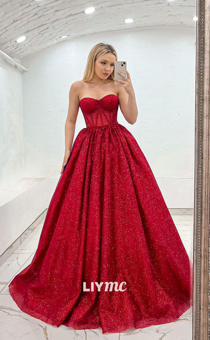 LP1092 - A Line Sweetheart Red Sparkly Formal Prom Dress