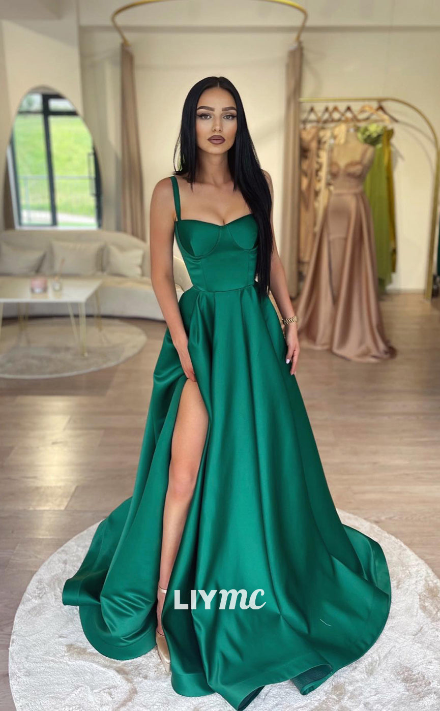 LP873 - A line Sweetheart Green Satin Elegant Long Formal Prom Dress with Pockets