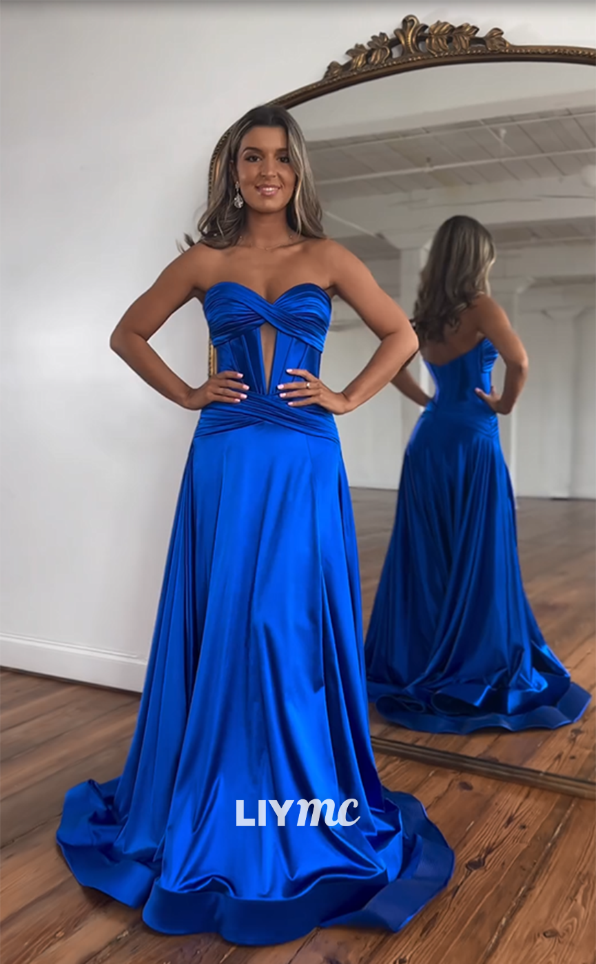 LP955 - Sweetheart Satin Draped Long Formal Prom Dress with Slit