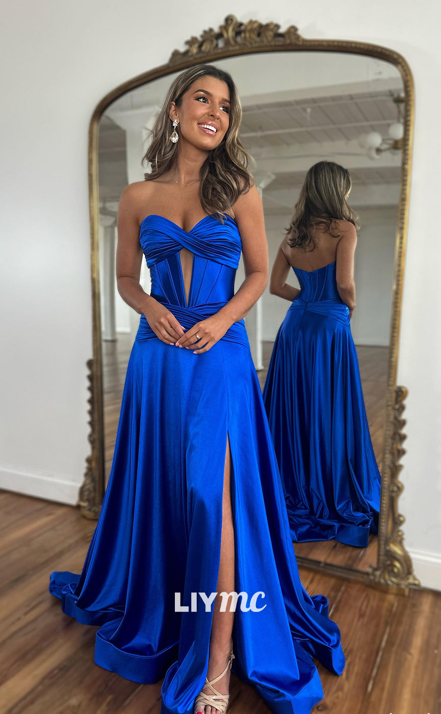 LP955 - Sweetheart Satin Draped Long Formal Prom Dress with Slit