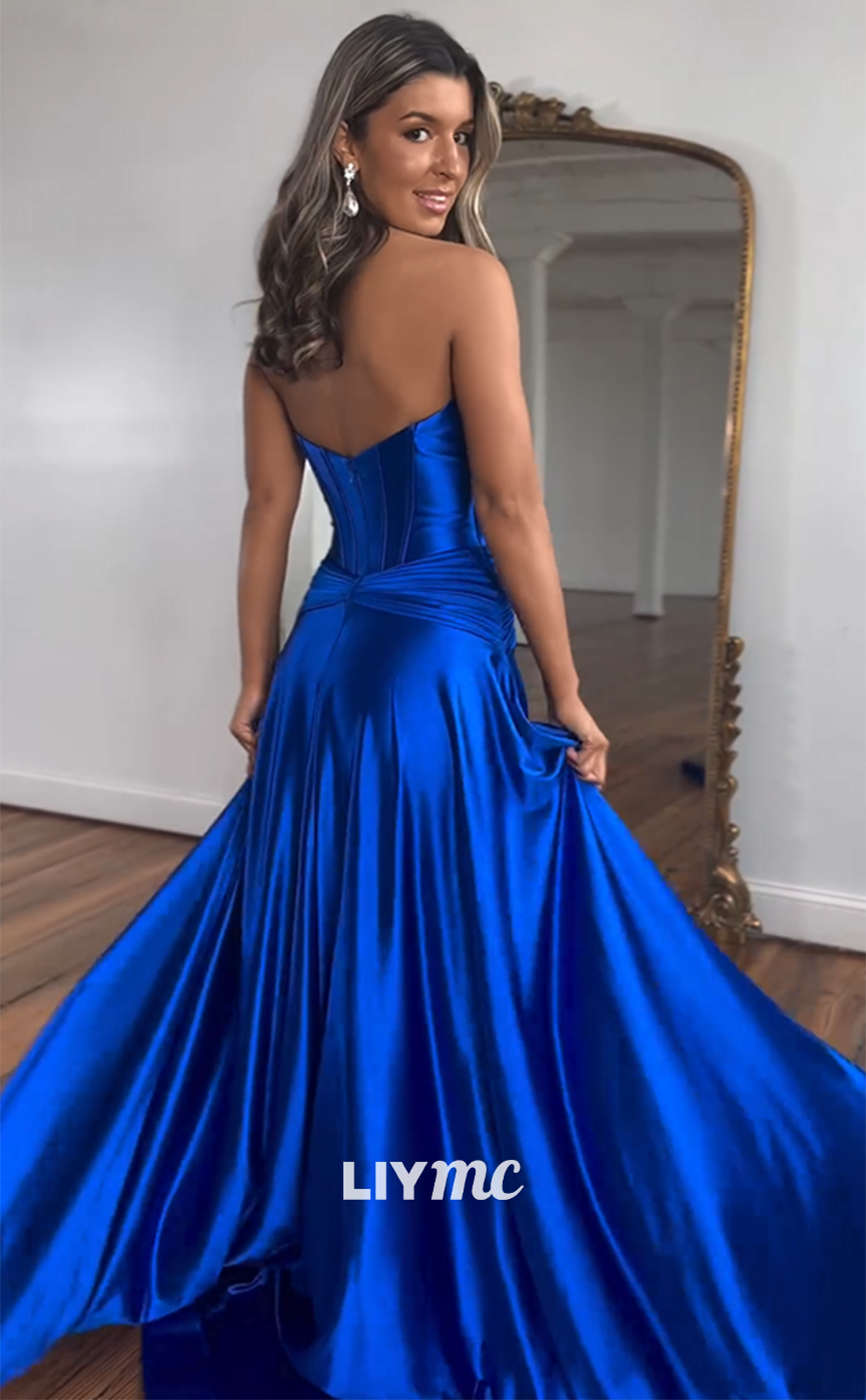 LP955 - Sweetheart Satin Draped Long Formal Prom Dress with Slit