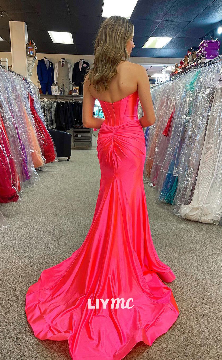 LP1196 - Sweetheart Satin Draped Mermaid Formal Prom Dress with Slit