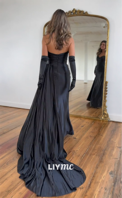 LP1129 - Sweetheart Satin Pleated Black Long Formal Prom Dress with Slit