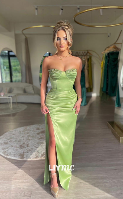 LP877 - Sweetheart Satin Draped Long Sheath Formal Prom Dress with Slit