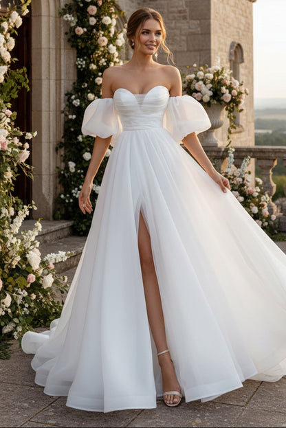 LW014 - A line Sweetheart Short Sleeves Simple Wedding Dress with Sweep Train