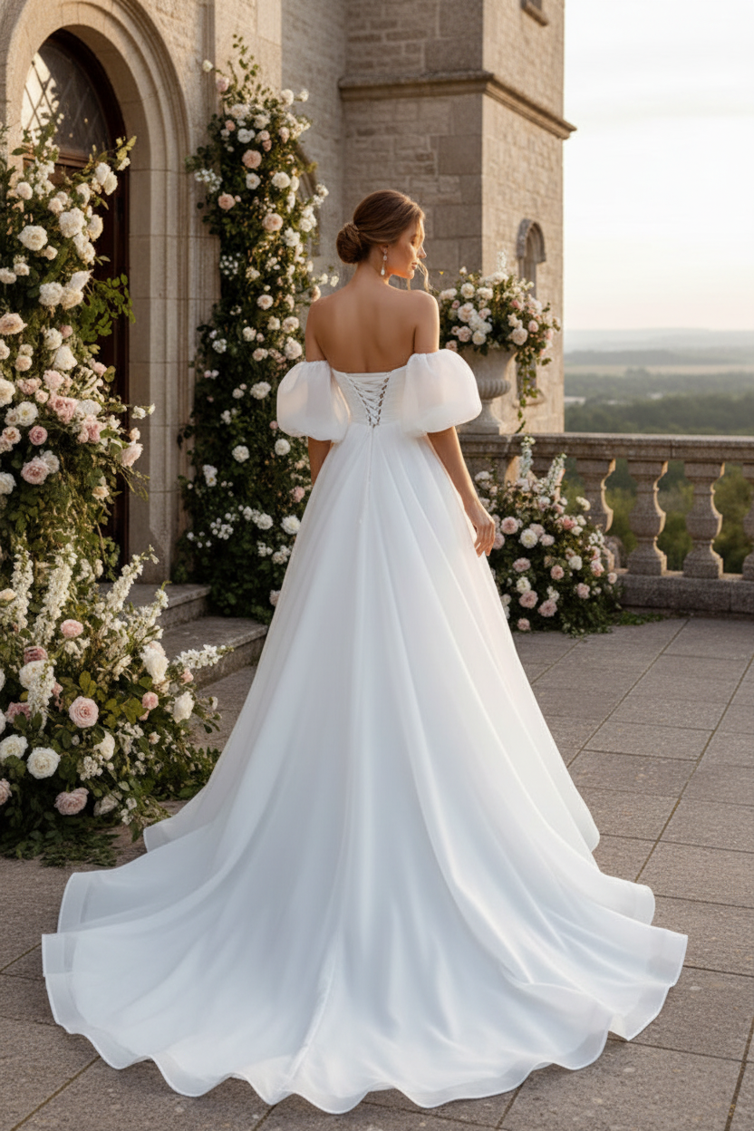 LW014 - A line Sweetheart Short Sleeves Simple Wedding Dress with Sweep Train