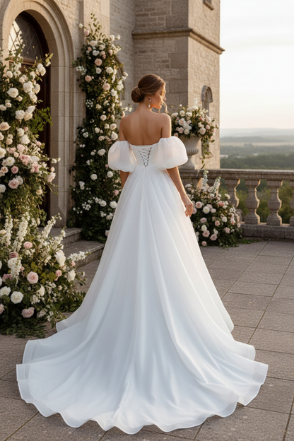 LW014 - A line Sweetheart Short Sleeves Simple Wedding Dress with Sweep Train