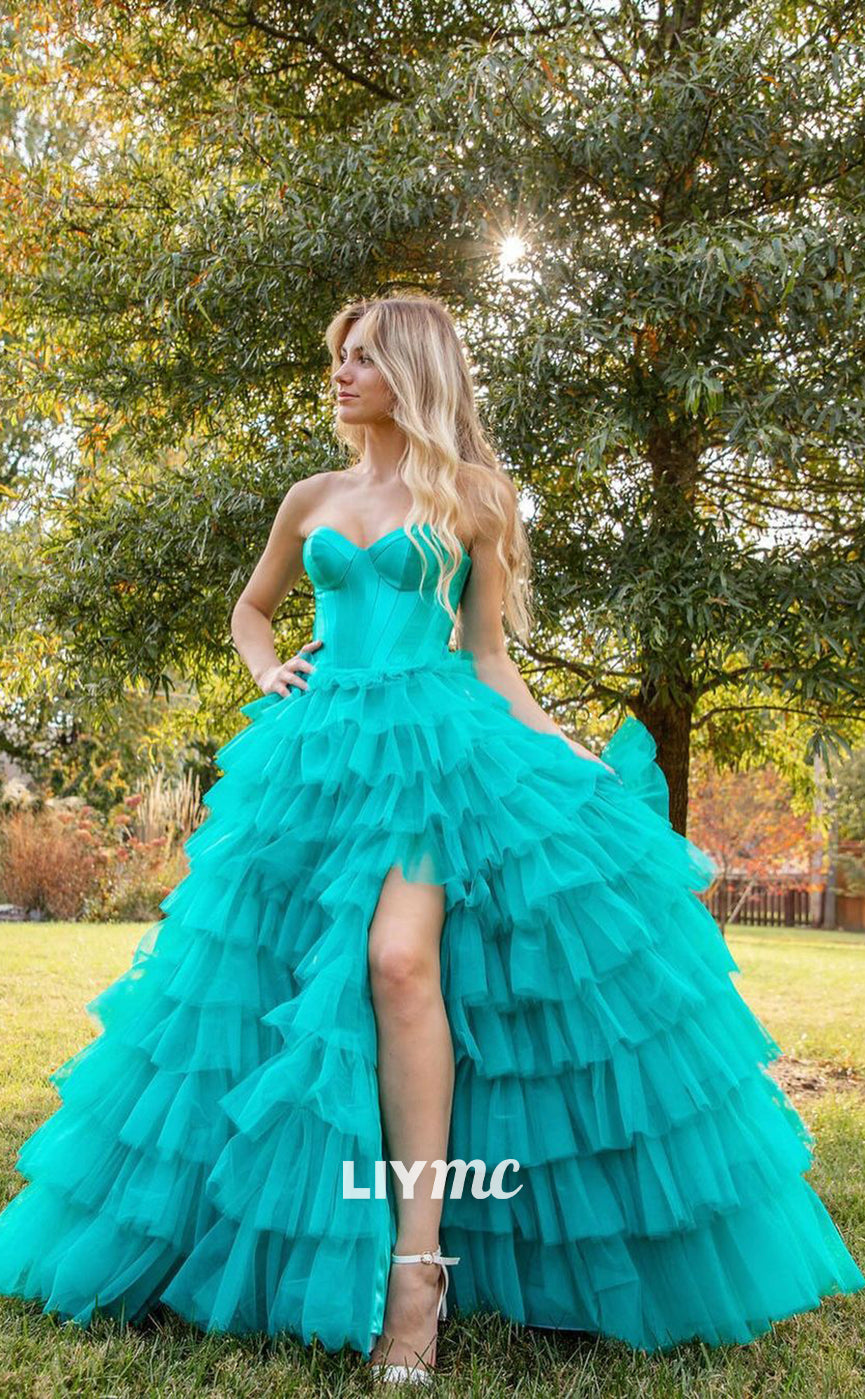 LP1074 - A Line Sweetheart Tulle Tiered Long Formal Prom Dress with Slit