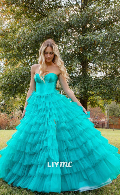 LP1074 - A Line Sweetheart Tulle Tiered Long Formal Prom Dress with Slit