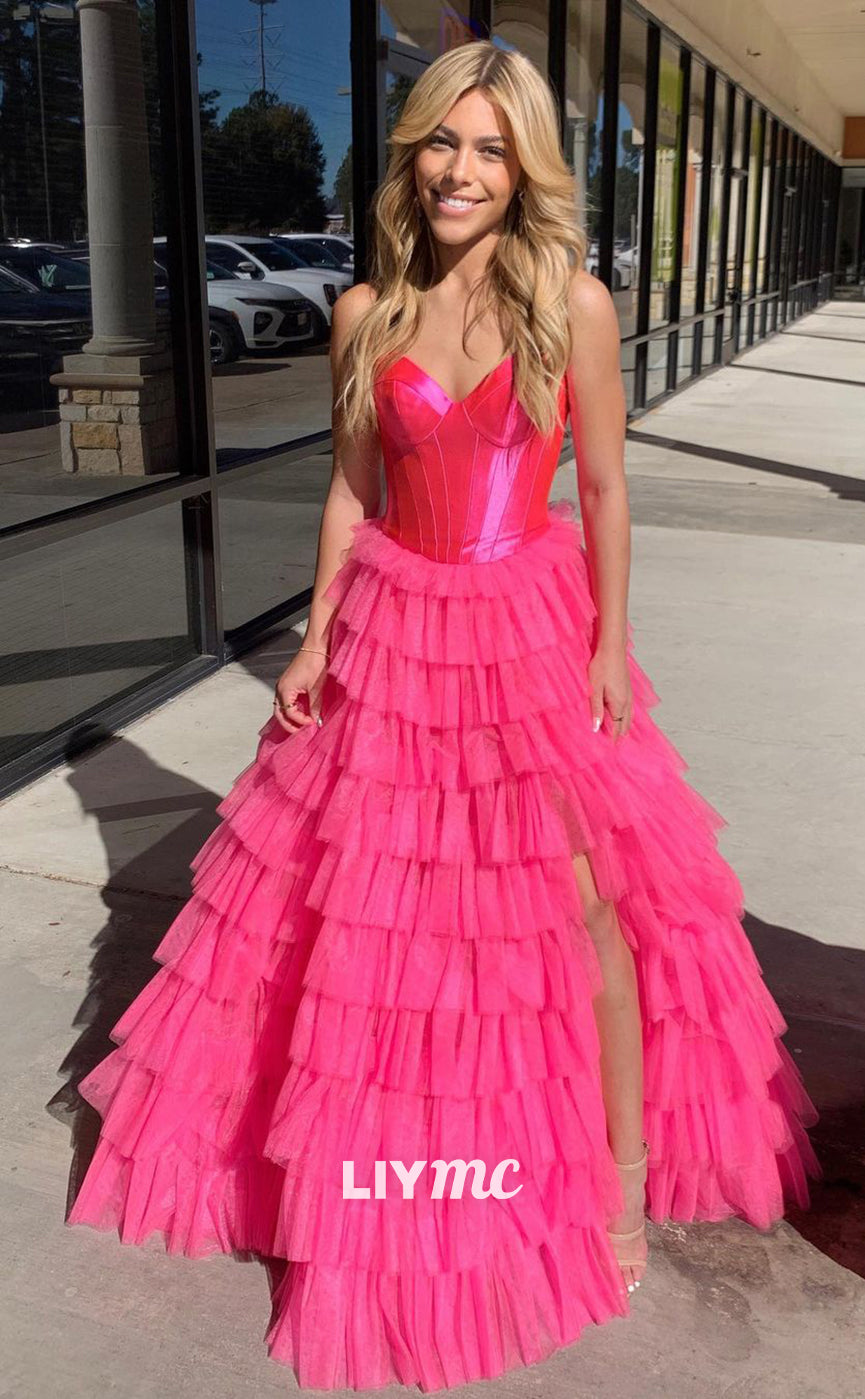 LP858 - A Line Sweetheart Tulle Tiered Pink Long Formal Prom Dress with Slit