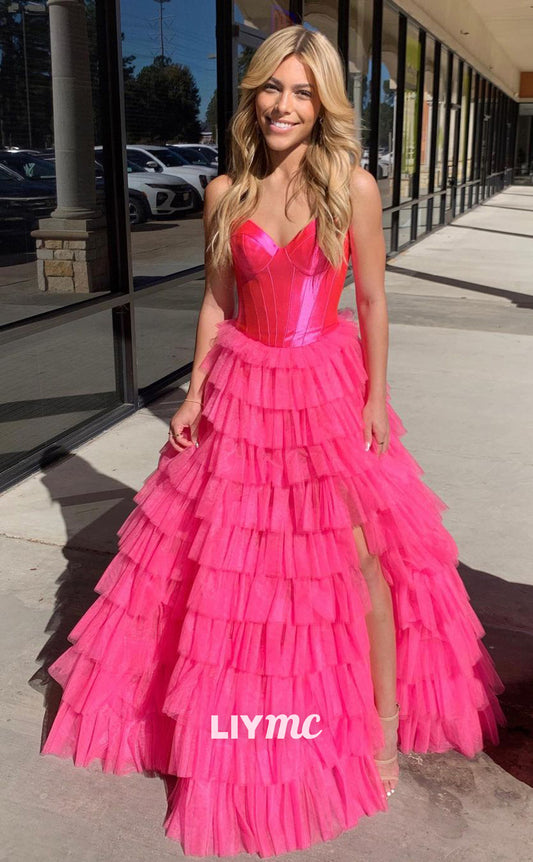 LP858 - A Line Sweetheart Tulle Tiered Pink Long Formal Prom Dress with Slit