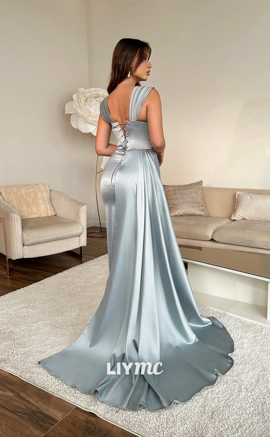 LP987 - Off Shoulder Satin Ruched Mermaid Formal Prom Dress