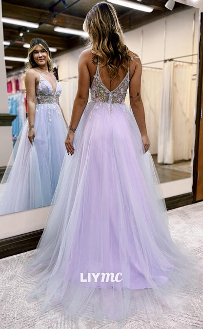 LP914 - A Line V neck 3D Appliques Long Formal Prom Dress with Slit