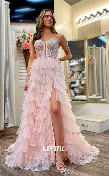 LP1201 - A Line Illusion V Neck Lace Appliques Semi Formal Prom Dress with Slit