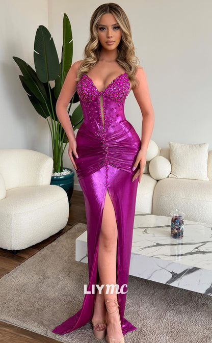 LP786 - Plunging V neck Beads Draped Mermaid Long Formal Prom Dress with Slit