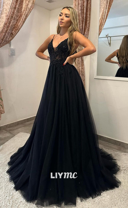 LP1177 - A Line V Neck Appliques Black Formal Prom Dress