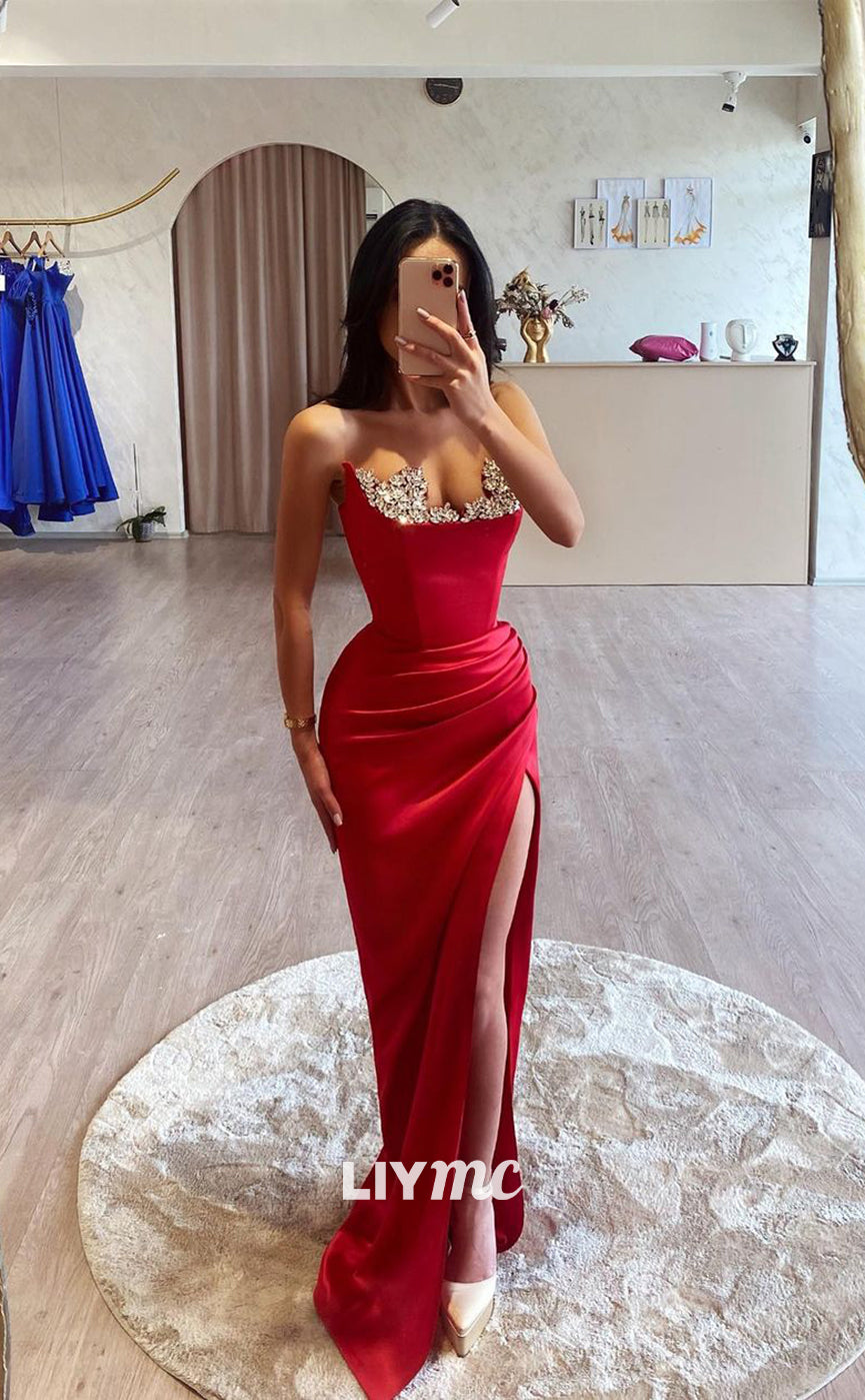 LP784 - Sexy V neck Beads Satin Draped Red Long Formal Prom Dress with Slit