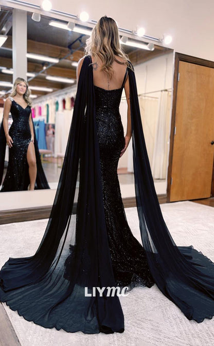 LP1008 - Sexy V neck Fully Sequins Beads Black Mermaid Formal Prom Dress with Slit