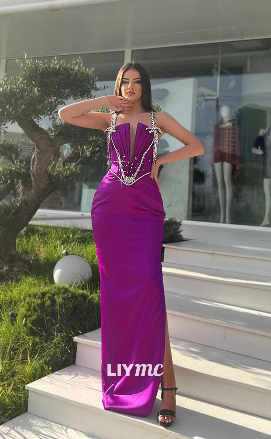 LP1000 - Plunging V Neck Satin Beads Straps Long Formal Prom Dress