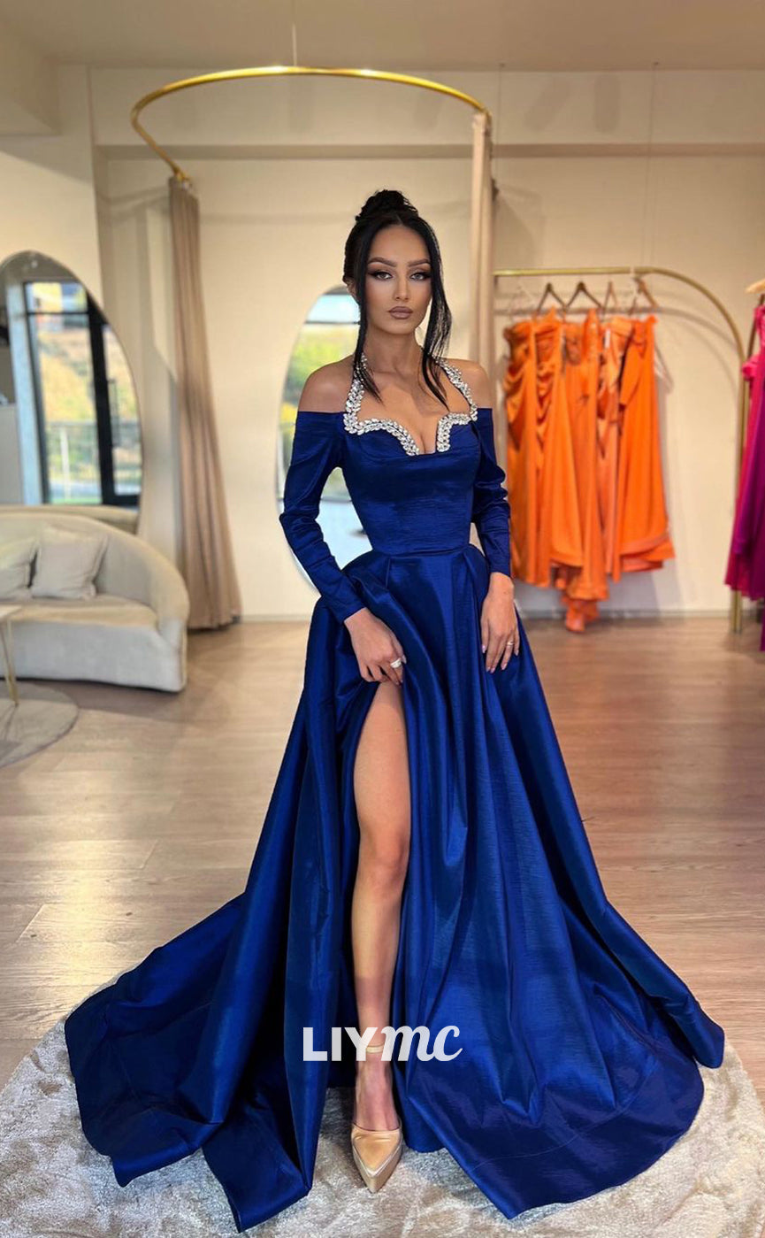 LP920 - A Line V neck Beads Long Sleeves Formal Prom Dress with Slit