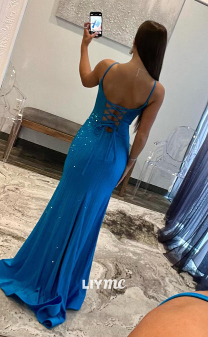 LP999 - Plunging Illusion V neck Beads Side Slit Long Prom Party Dress