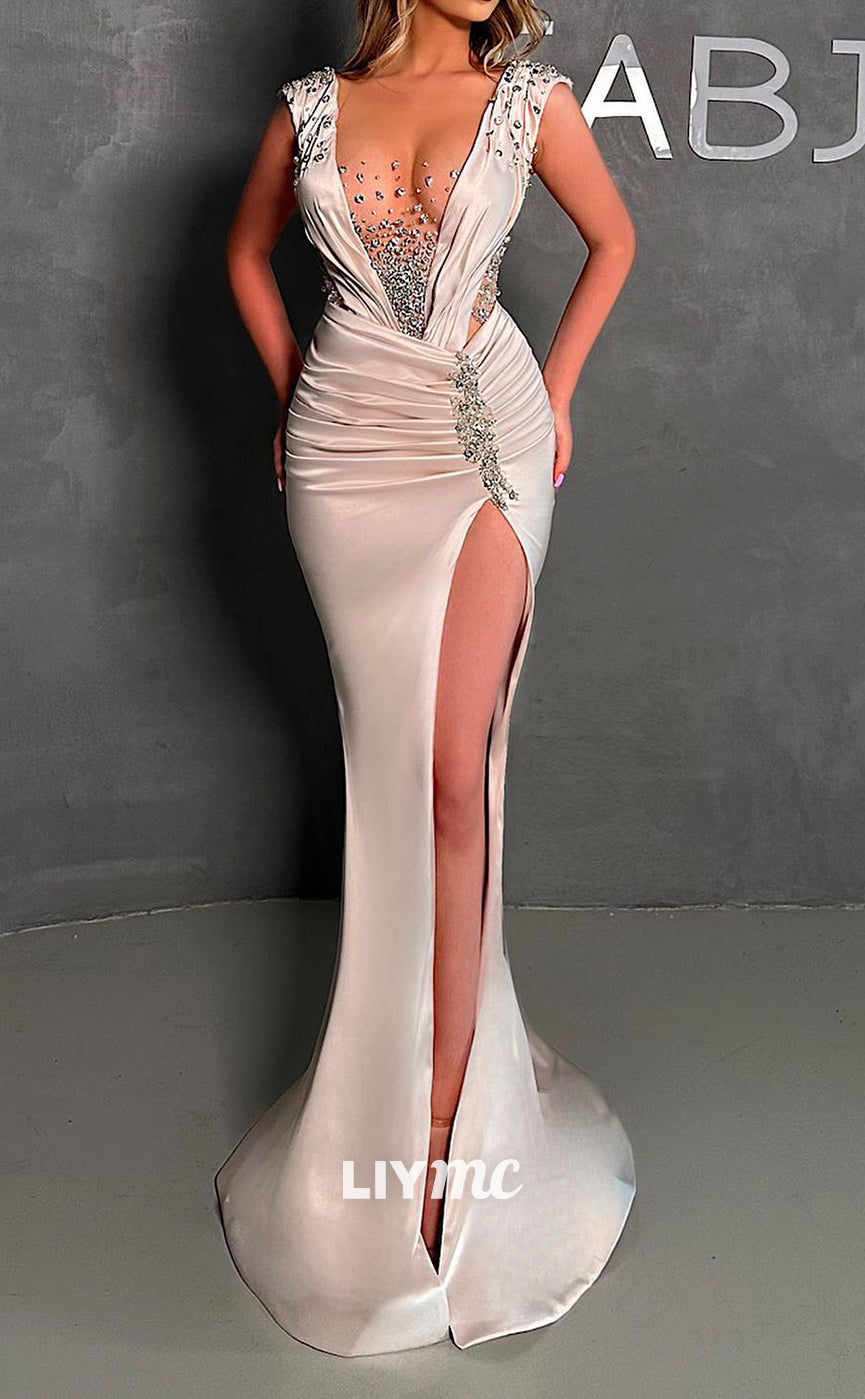 LP890 - Plunging V neck Beads Mermaid Long Formal Prom Dress with Slit