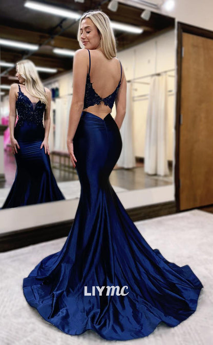 LP1022 - Plunging Illusion V Neck Beads Mermaid Formal Prom Party Dress with Slit