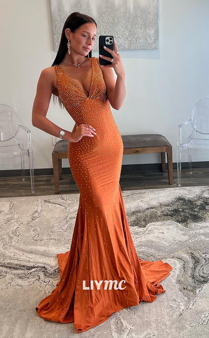 LP942 - Sexy V neck Beads Mermaid Long Formal Prom Dress