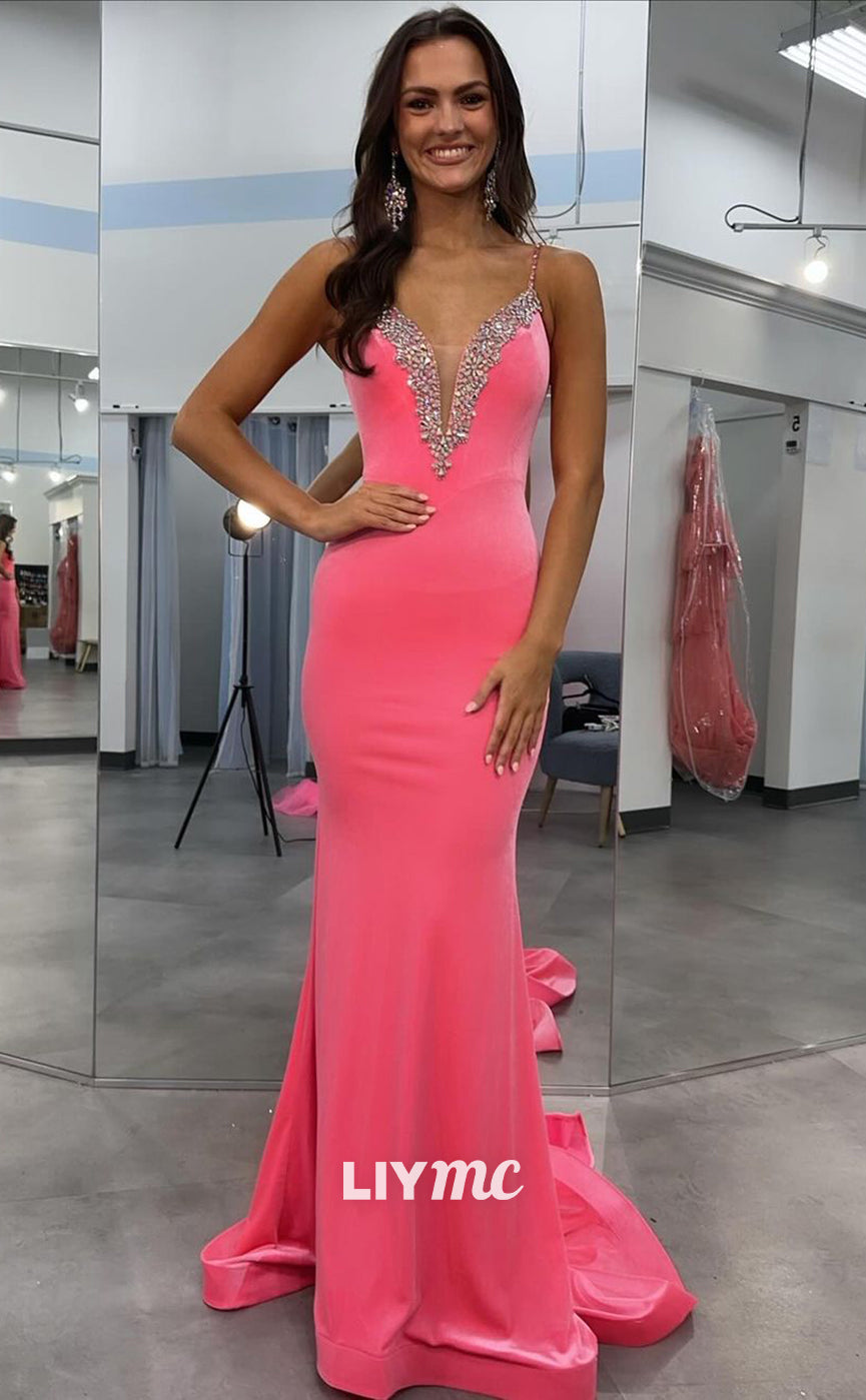 LP851 - Sexy V neck Beads Overskirt Pink Mermaid Long Formal Prom Dress