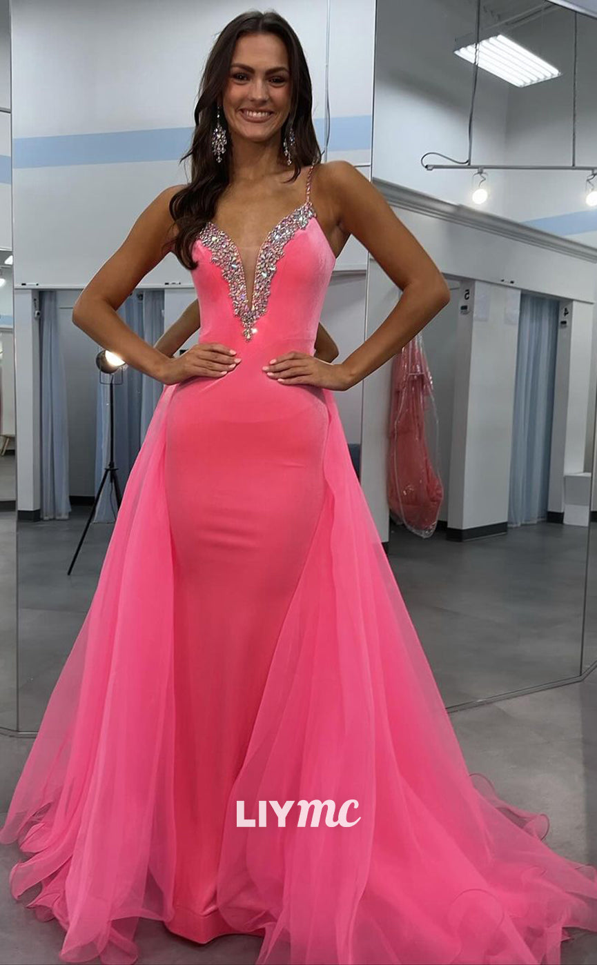 LP851 - Sexy V neck Beads Overskirt Pink Mermaid Long Formal Prom Dress