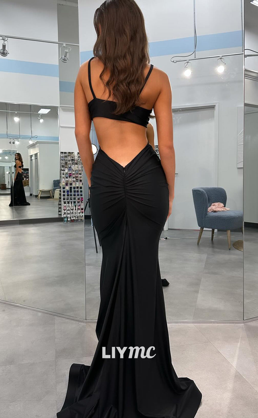 LP852 - Sexy V neck Draped Black Mermaid Long Formal Prom Dress