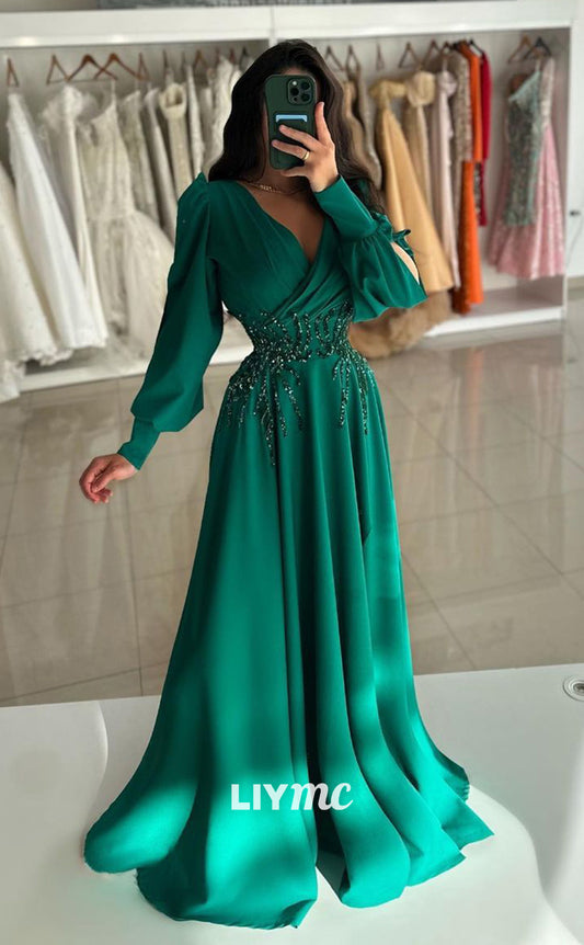 LP801 - A Line V neck Beads Long Sleeves Green Formal Evening Dress