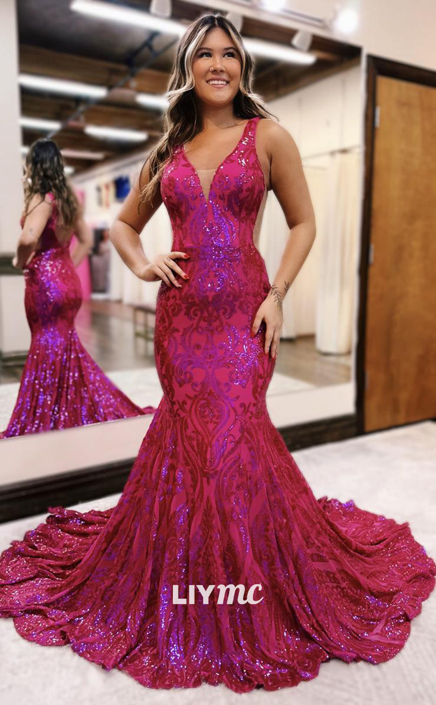 LP1020 - Plunging V Neck Lace Mermaid Formal Prom Dress