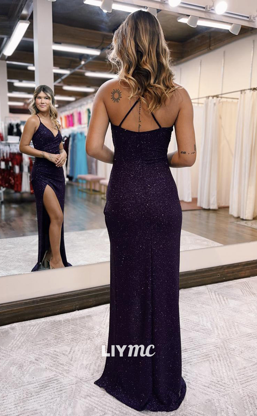 LP1004 - Sexy V Neck Fully Sequins Draped Long Sheath Formal Prom Dress with Slit