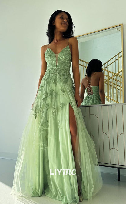 LP1029 - A Line Illusion V Neck Lace Appliques Long Semi Formal Prom Dress with Slit