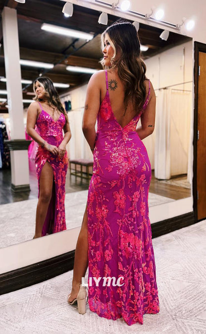 LP946 - Sexy V neck Sequins Lace Mermaid Long Formal Prom Dress with Slit