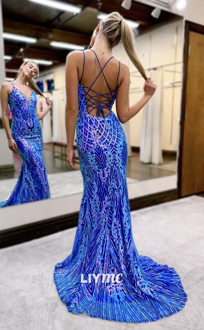 LP1037 - Plunging V Neck Sequins Lace Mermaid Prom Party Dress