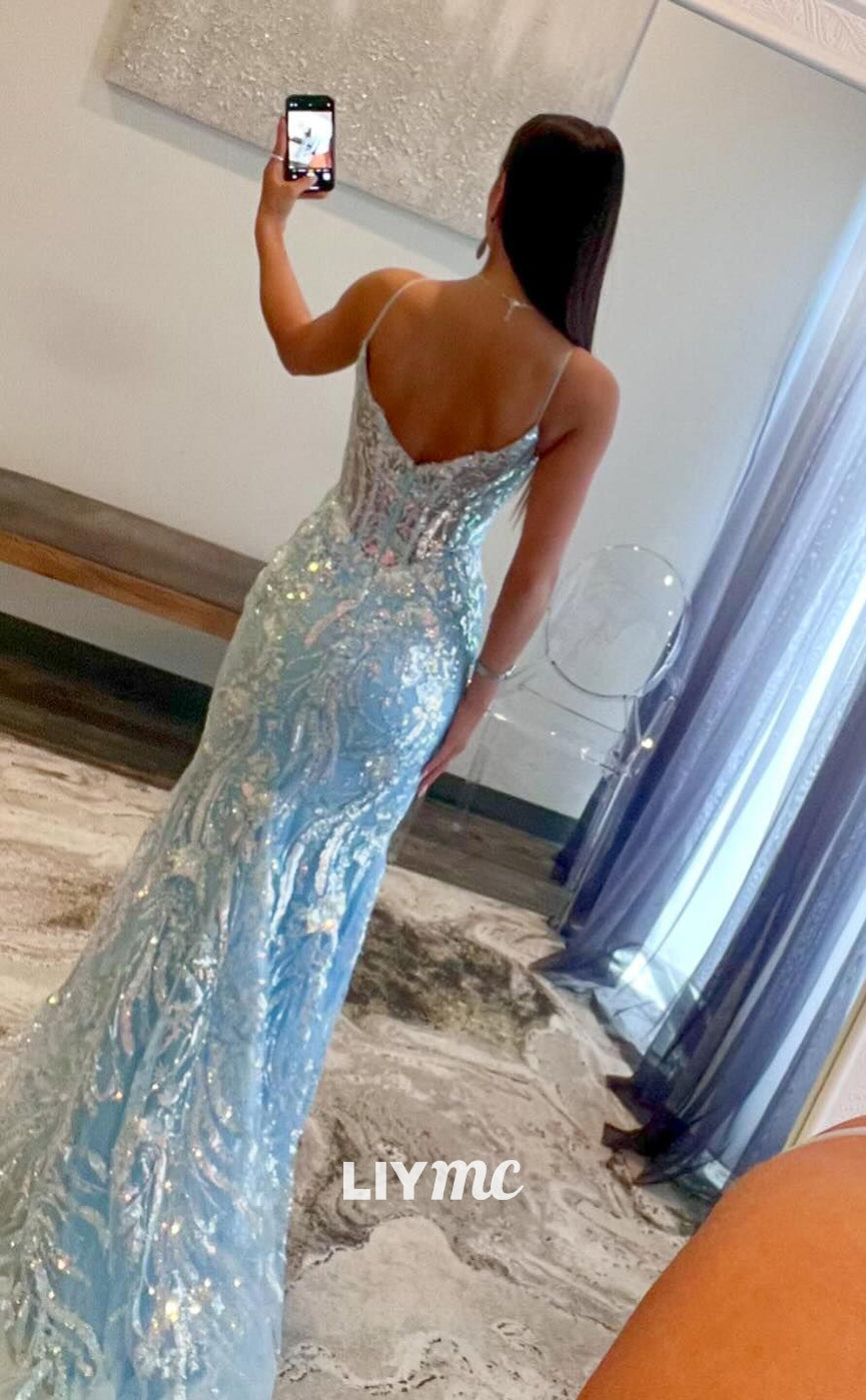 LP813 - Spaghetti Straps V Neck Sequins Mermaid Formal Prom Dress